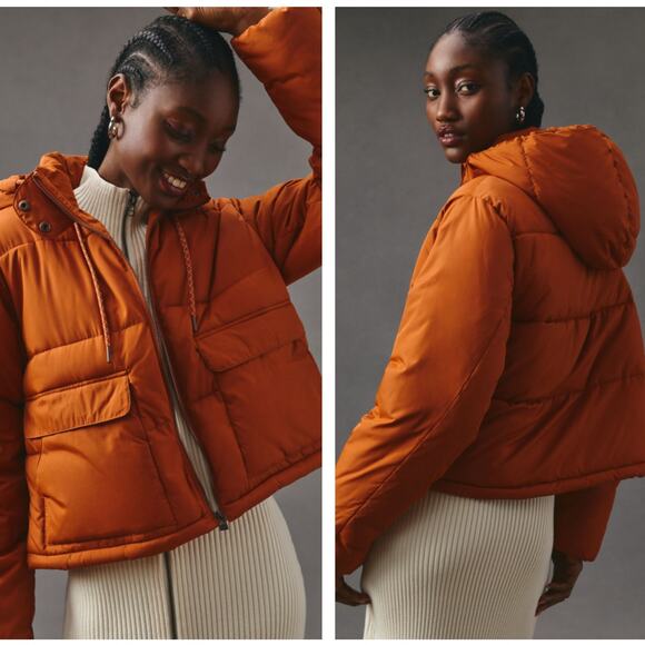 ANTHROPOLOGIE x PILCRO Cropped Hooded Puffer Jacket Dark Orange Sz M - Picture 1 of 7